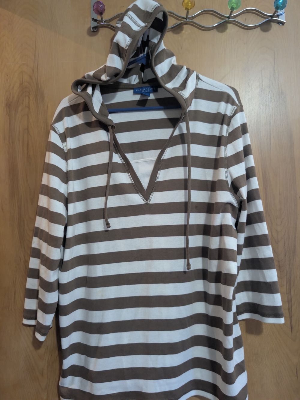 Karen Scott Brown and White Striped Hoodie Top